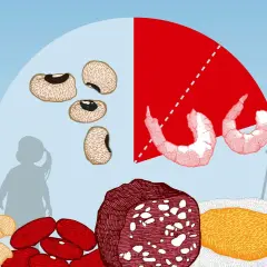 Illustration visar olika proteinkällor som bönor, räkor, kött och ägg, med silhuetter av människor i bakgrunden. Hur mycket protein per dag kan variera.