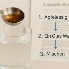 Ein Löffel Apfelessig wird in ein Glas Wasser gegeben. So einfach ist die Zubereitung, um zu sehen, was Apfelessig bringt.