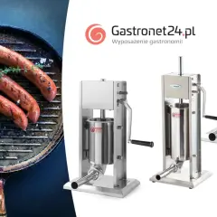 Maszynki elektryczne do nabijania kiełbasy w jelita. Obok grillowane kiełbaski.