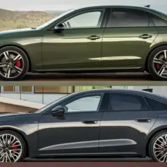 Zielony Audi A4 i ciemnoszary Audi A5 prezentują swoje sportowe linie.