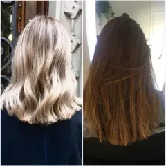 Cuatro estilos de cabello con mechas woodlights, desde rubio platino hasta castaño cálido, mostrando la versatilidad de esta técnica.