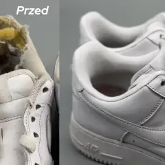 Przed i po renowacji: zniszczona tylna część buta odzyskała dawny blask, wyglądając jak nowa.