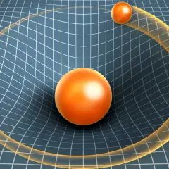 En stor orange sfär böjer ett rutnät, som illustrerar einsteins relativitetsteori. En mindre sfär följer krökningen.