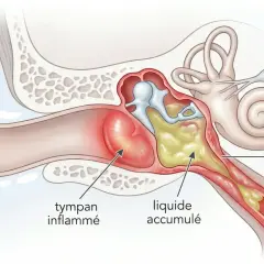 Coupe de l'oreille montrant une otite bactérienne avec tympan enflammé, liquide accumulé et trompe d'Eustache obstruée.