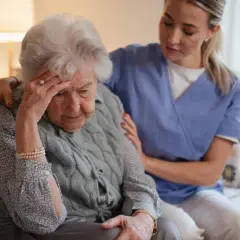 Eine Pflegerin tröstet eine ältere Frau, die sich an die Stirn fasst. Die Frau fragt nach Verstorbenen, ein Zeichen von Demenz.