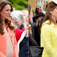 Uśmiechnięta księżna Kate w różowej i żółtej kreacji, z widocznym brzuszkiem ciążowym. Wygląda na szczęśliwą, być może to jej czwarta ciąża.