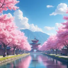 Kwiaty wiśni w Japonii, idealny czas na podróż. Wiosna w pełni, tradycyjna architektura i spokojna rzeka.