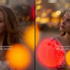 Split image shows a woman's portrait with and without foreground bokeh. The left side features bokeh with an APD element, while the right side shows bokeh without it, highlighting the effect of bokeh lenses.