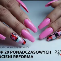Dłonie z długimi, różowymi paznokciami, niektóre zdobione geometrycznymi wzorami.