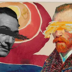 A surreal collage featuring Salvador Dalí and Vincent van Gogh, artists like Van Gogh, with abstract paint strokes obscuring their eyes against a vibrant, sun-like background.