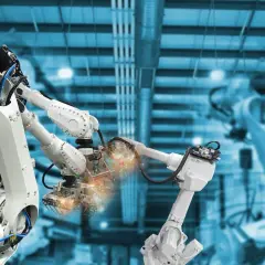 Różne rodzaje robotów przemysłowych pracują w fabryce, spawając elementy z iskrami.
