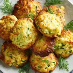 Goldbraune Zucchini-Puffer, garniert mit Dill und Zitronenspalten. Perfekt für leichte zucchini rezepte.