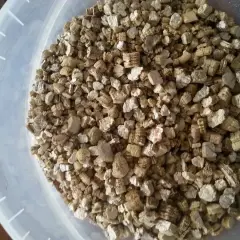 Granuli di vermiculite isolante in un secchio trasparente. Materiale leggero e poroso, ideale per l'edilizia e l'orticoltura.
