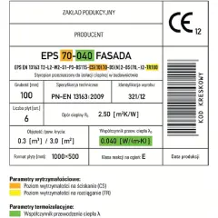Etykieta produktu EPS 70-040 FASADA, styropian do izolacji cieplnej, grubość 100 mm, współczynnik przewodzenia ciepła 0,040 W/(m·K).