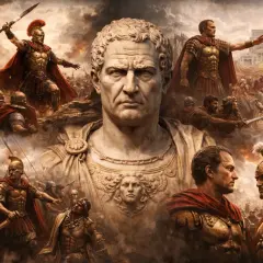 Estatua de Cayo Mario en medio de batallas romanas. Soldados, generales y el caos de la guerra rodean su imponente figura.