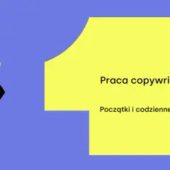 Ilustracja przedstawia kobietę z laptopem, symbolizującą pracę copywritera. Tekst: "Praca copywritera. Początki i codzienne wyzwania.