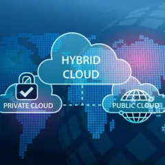 Nube híbrida, privada y pública, representando el almacenamiento digital global.