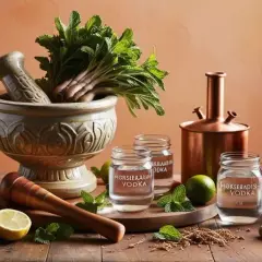 Chrzanówka wódka w słoiczkach, obok cytryny, limonki, mięty i moździerza.