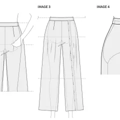 Illustrations show how to sew pant legs together, with close-ups of the inseam and button closure.