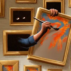 A shadowy figure with glowing eyes paints a vibrant canvas in a surreal art district.