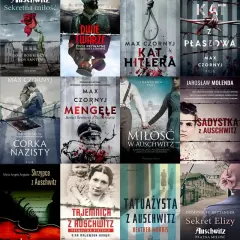 Książki o holokauście: okładki z motywami obozów, drutu kolczastego i postaci historycznych, m.in. "Lekarz z Auschwitz", "Kat Hitlera", "Miłość w Auschwitz".