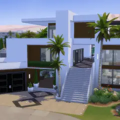 Nowoczesne domy w The Sims 4 bez dodatków, z basenem, palmami i kaktusami.