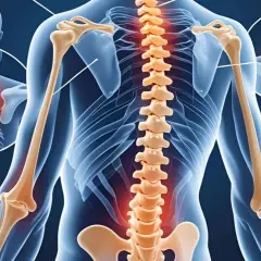 Anatomia człowieka z podświetlonym kręgosłupem, wskazującym na zwyrodnienie kręgosłupa. Widoczne kości ramion i obręczy barkowej.