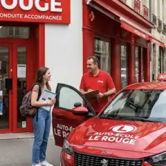 Un moniteur d'auto-école discute avec une élève devant le bureau "Le Rouge". Elle tient des documents, prêt pour le transfert de dossier auto école.