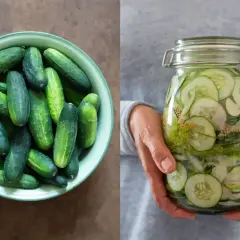 En skål med färska gurkor bredvid en burk med inlagd gurka, redo att njutas.
