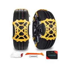 Dos neumáticos con cadenas amarillas, guantes blancos, herramienta naranja y llave. Muestra diferentes tipos de cadenas para nieve.
