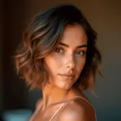 Mujer con cabello castaño con mechas balayage miel, ondas suaves y mirada cautivadora.