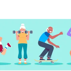 Quatre seniors actifs : un joggeur, une femme soulevant des haltères, un homme en skateboard et une femme dansant. L'exercice stimule la mémoire cognitive.
