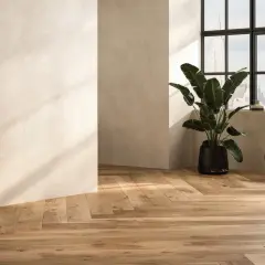 Sol en carrelage imitation parquet, aspect bois naturel. Un inconvénient potentiel : l'entretien des joints. Une plante verte et une vue urbaine.