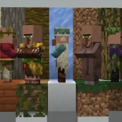 Siedem postaci wieśniaków z Minecrafta w różnych strojach i na różnych blokach.