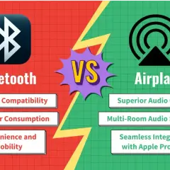 Porównanie Bluetooth i Airplay. Airplay oferuje lepszą jakość dźwięku i integrację z produktami Apple.