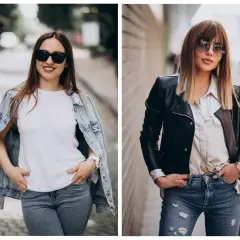 Dwie kobiety w stylizacjach na koncert rockowy: jedna w jeansowej kurtce, druga w skórzanej.