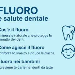 Il fluoro è un minerale naturale che protegge lo smalto dei denti, rinforzandolo e prevenendo le carie, specialmente nei bambini.