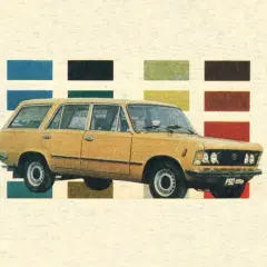 Żółty Fiat 125p kombi na tle palety barw: niebieski, czarny, zielony, brązowy, żółty, rudy, czerwony.