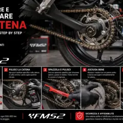 Guida alla pulizia e lubrificazione della catena moto. Immagine mostra una catena moto arrugginita che viene pulita e lubrificata.