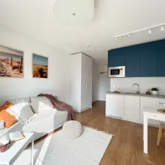Nowoczesne mieszkania do wynajęcia Poznań. Jasny salon z kanapą i aneksem kuchennym.