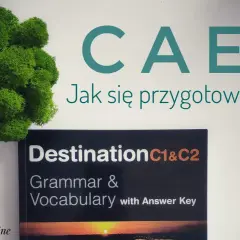 Zielona kępa mchu obok książki "Destination C1&C2 Grammar & Vocabulary" i napisu "CAE Jak się przygotować?". Idealne materiały do przygotowania do CAE.