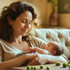Szukasz pomysłów, co pić na laktację? Ta młoda mama karmi piersią swoje dziecko, a obok stoi butelka piwa 0%.