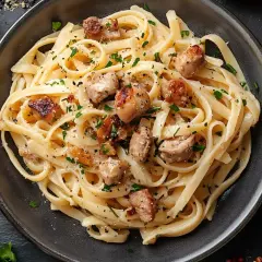 Szybki obiad z makaronem fettuccine, kawałkami kurczaka i posypką z ziół. Idealny na szybki posiłek.