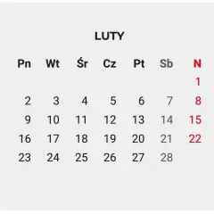 Kalendarz na luty. Ile godzin pracy w miesiącu? Zaznaczone dni wolne: 1, 8, 15, 22.