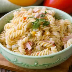 Ein cremiger Nudelsalat mit Erbsen, Mais und Schinkenwürfeln, der an einen herzhaften Fleischsalat erinnert. Garniert mit Petersilie.