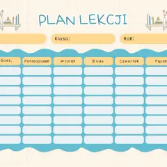 Uroczy plan lekcji dla klasy 4. Zeszyty, ołówki i półki z książkami dodają mu szkolnego charakteru.