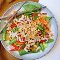 En fräsch asiatisk nudelsallad med räkor, grönsaker och jordnötter. Perfekt för en lätt lunch eller middag.