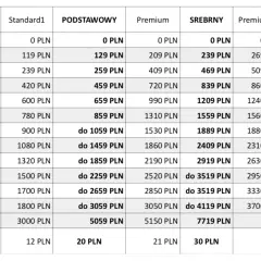 Tabela cenowa otomoto: przedział wystawień a cena ogłoszenia w różnych pakietach (Standard, Podstawowy, Premium, Srebrny, Premium+, Złoty).
