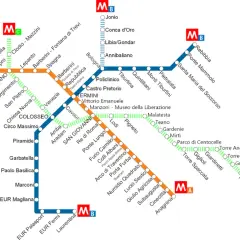 Mappa della metro di Roma: linee A (arancione), B (blu) e C (verde). La linea A attraversa zone come Ottaviano e San Giovanni, la B collega Rebibbia a Laurentina, passando per Termini. La linea C collega Jonio a Pantano.