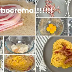 Passaggi per come fare una buona carbonara: guanciale, uova, pecorino e spaghetti.